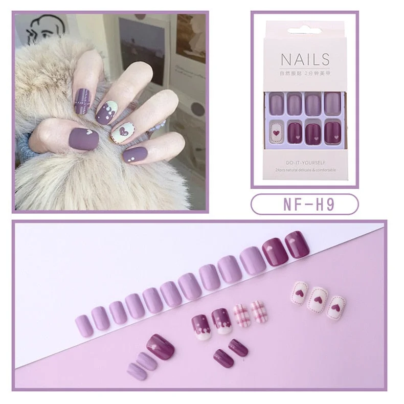 Fashion 24pc/set French Styel Press On False Nail Tips 10 Sizes Fake Nails Full Cover Nail Tips With Nail Adhesive Tab Sticker-Nail Inspo