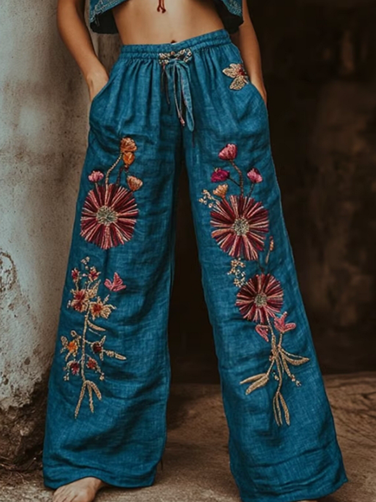Women's Embroidered Floral Printed Linen Blend Casual Pants
