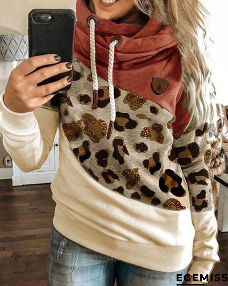 Lantern Sleeve Colorblock Leopard Print Hooded Top | EGEMISS