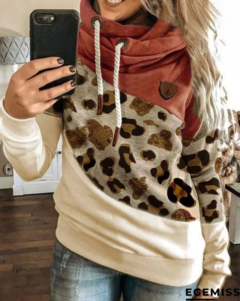 Lantern Sleeve Colorblock Leopard Print Hooded Top | EGEMISS