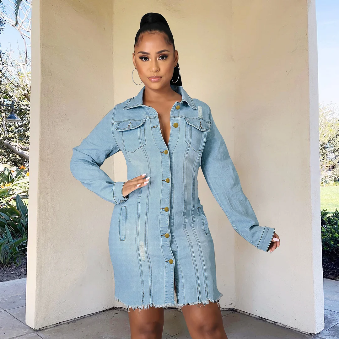 Women's Denim Dress Lapel Single Breasted Long Sleeve Denim Mini Dress
