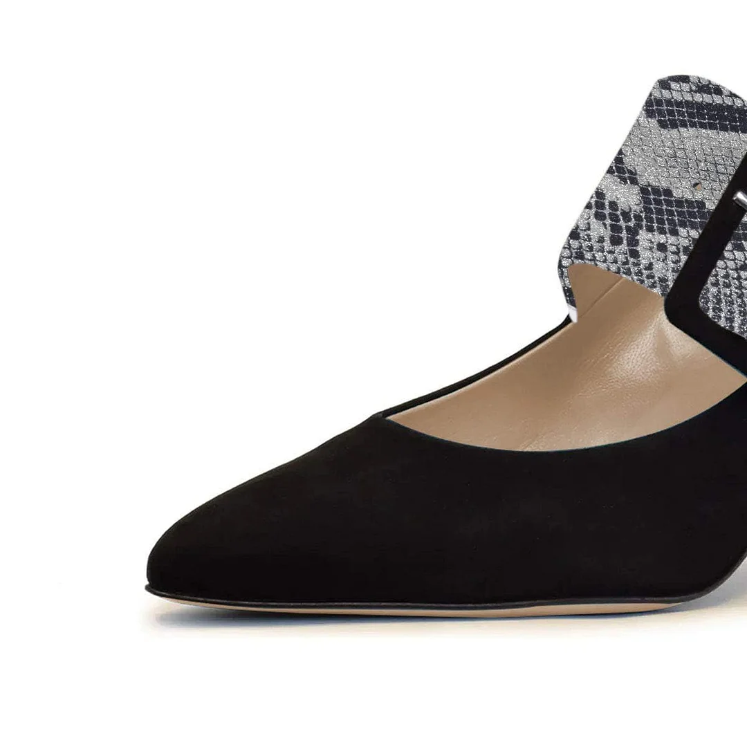 Faux Suede Pointed Toe Buckle Python Strap Heel Pumps in Black