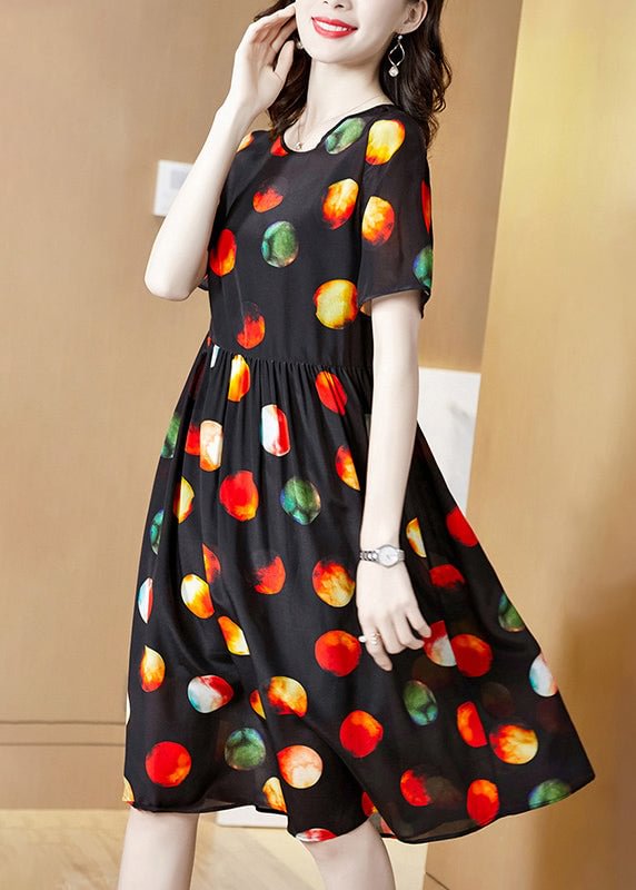 Handmade Black O-Neck Multi Dot Print Silk Pleated Dress Short Sleeve