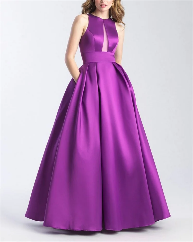 Elegant Purple Sleeveless Satin Dress - 01