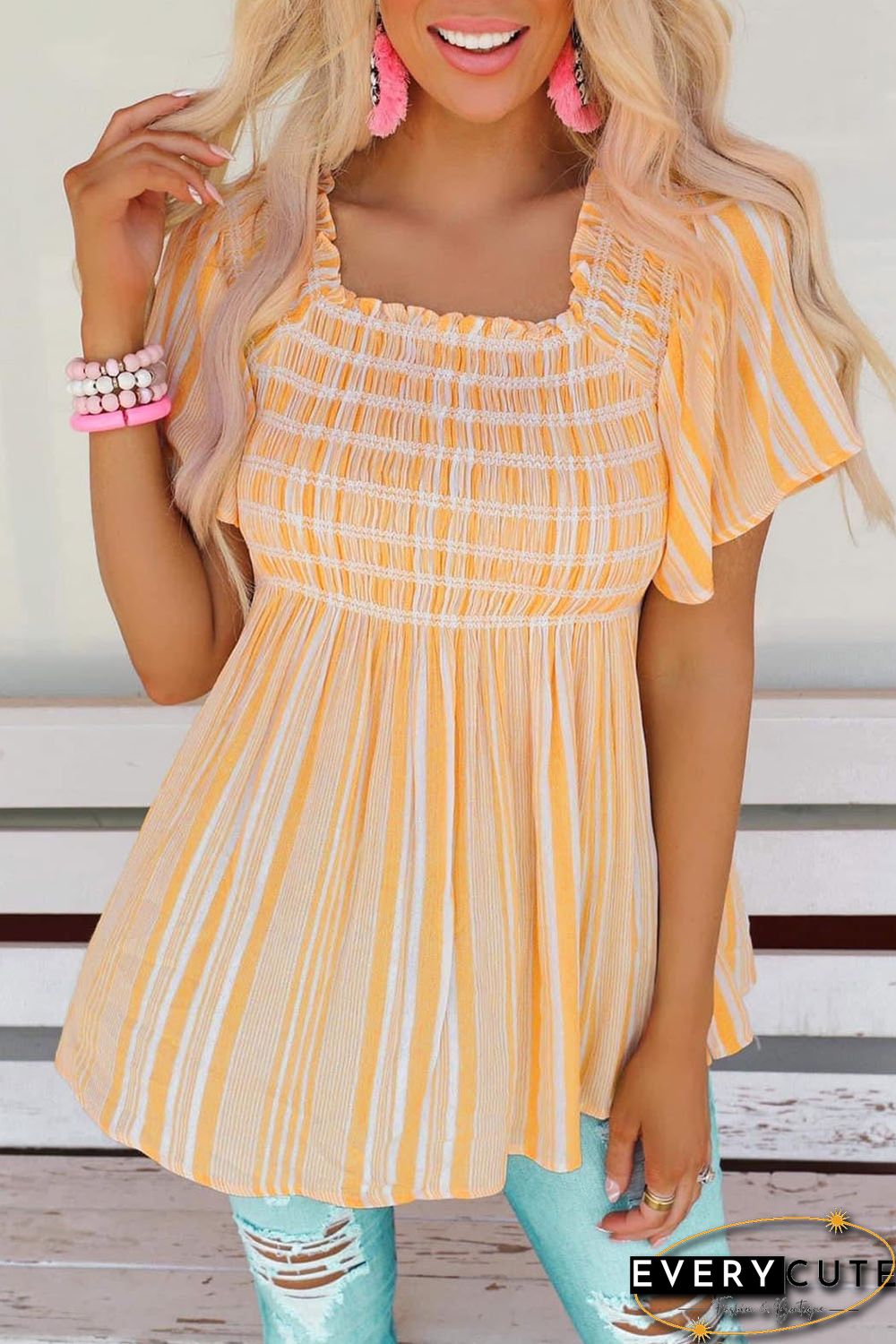 Yellow Striped Print Smocked Flowy Blouse