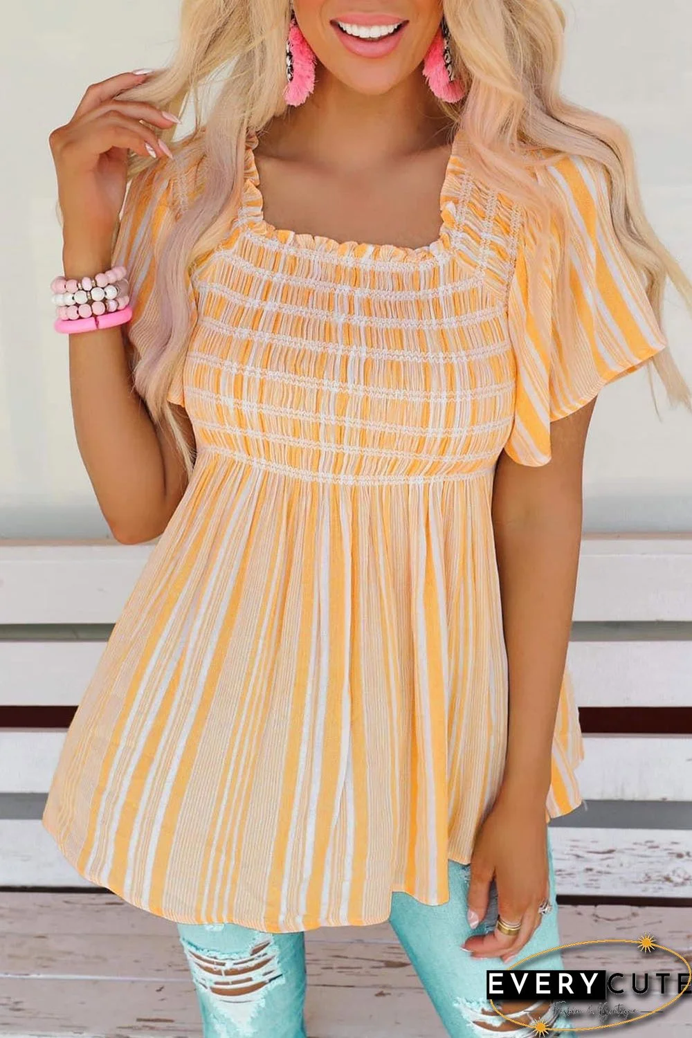 Yellow Striped Print Smocked Flowy Blouse