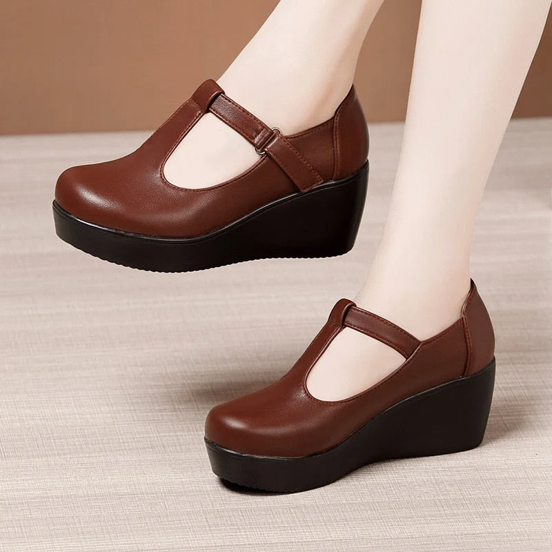 CARTOONH Plus Size 32-43 T Strap Leather Wedges Shoes for Women 2021 High Heels Shoes Ladies Platform Shoes Mother Dance Shoe