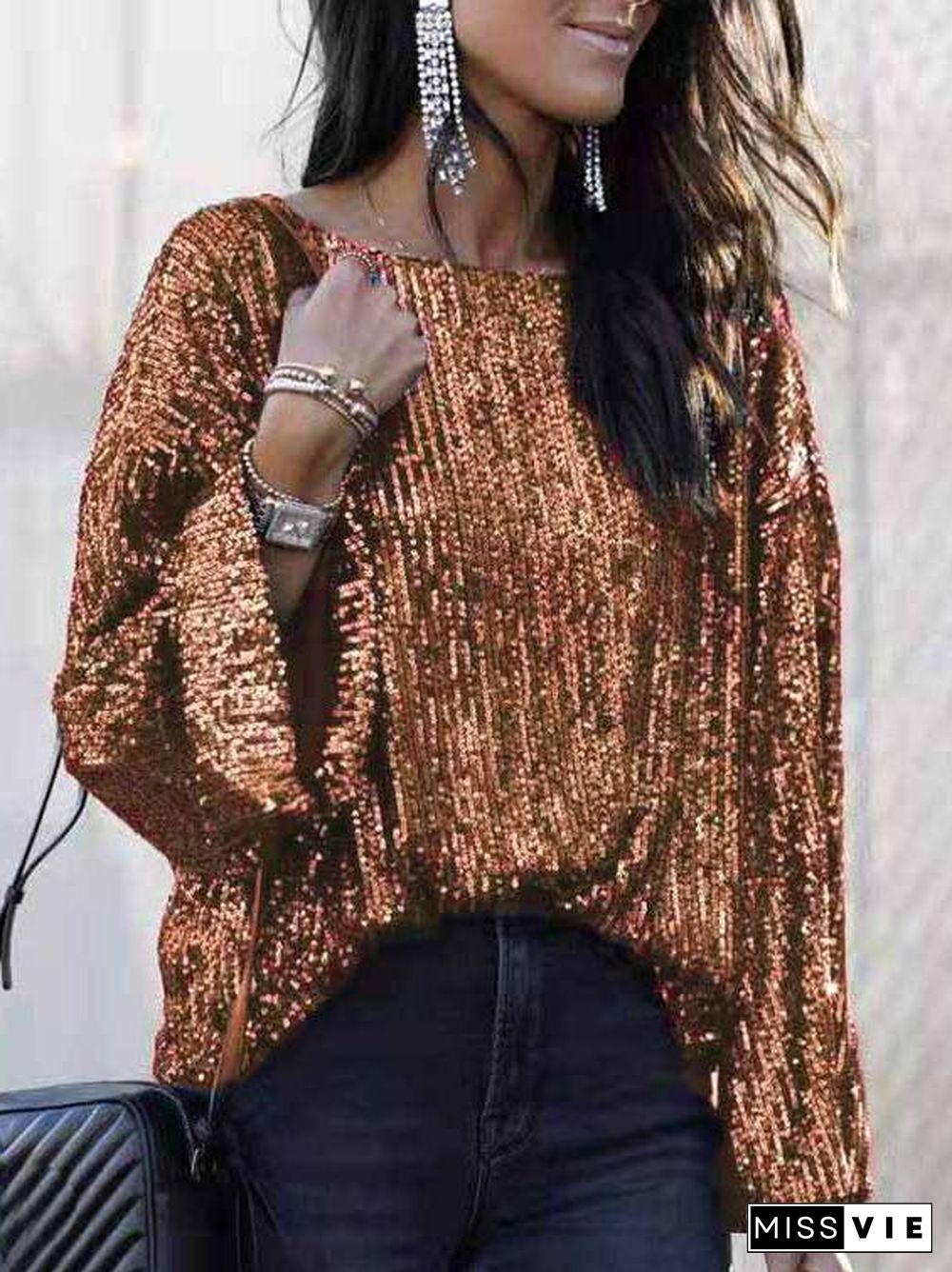 Round Neck Sequins Simple Shirt