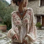 Women's Pink Flowers Art V-neck Cozy Knit Sweater - Image 2