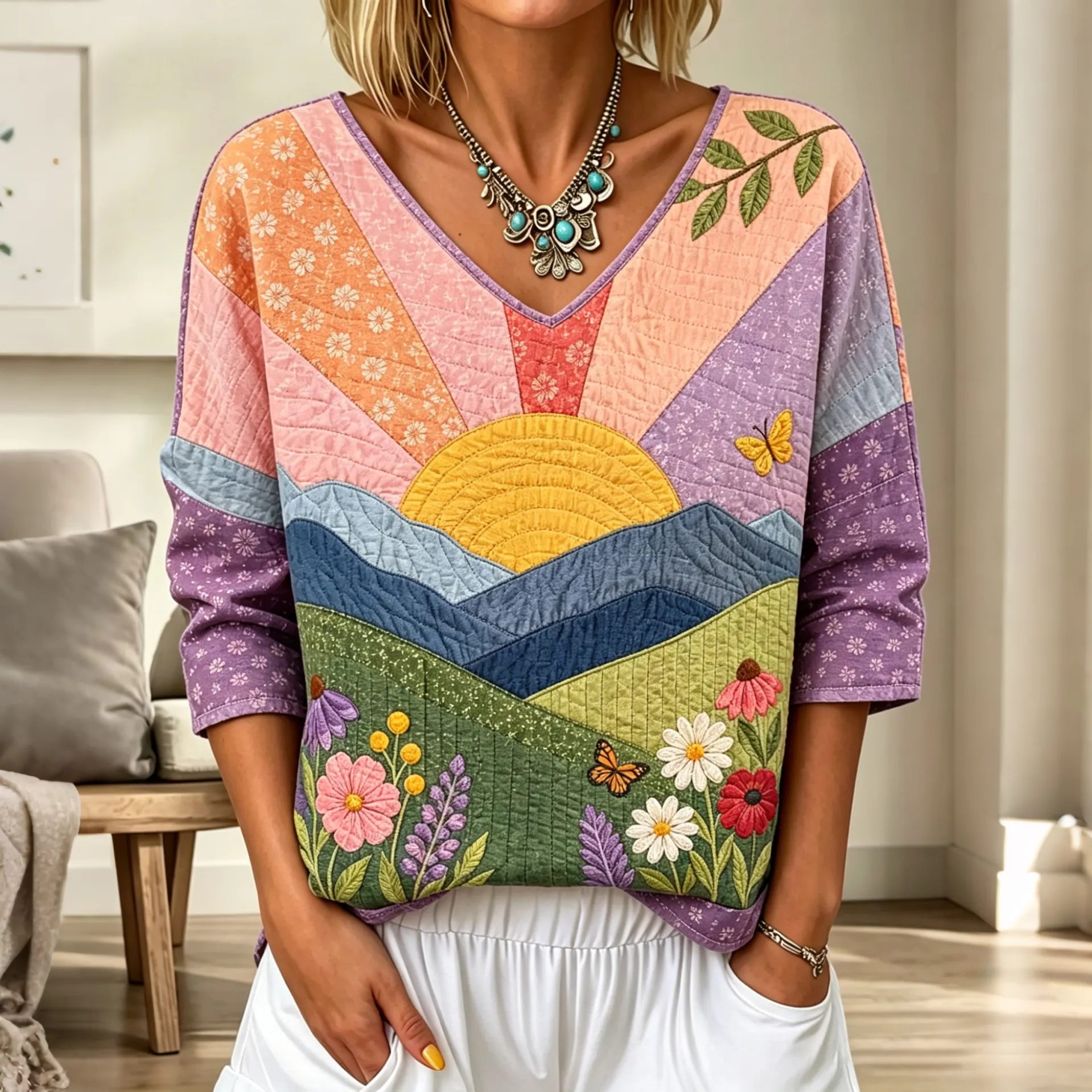 Comstylish Women's Vintage Floral In Sunshine Art Print Flowy Linen Blend Three-quarter Sleeve V Neck Linen Tops