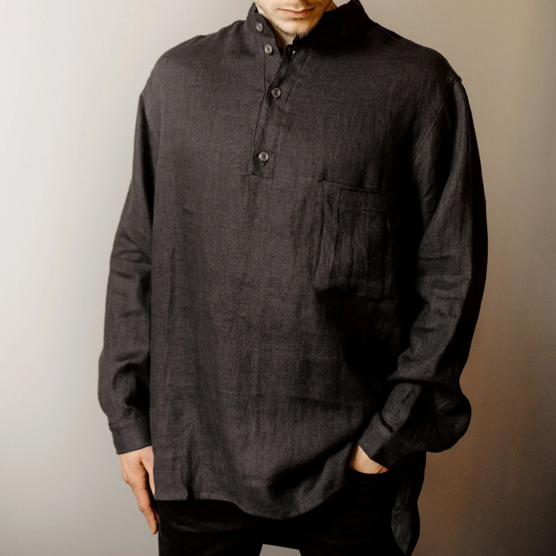 Men's Charcoal Linen Henley Shirt 