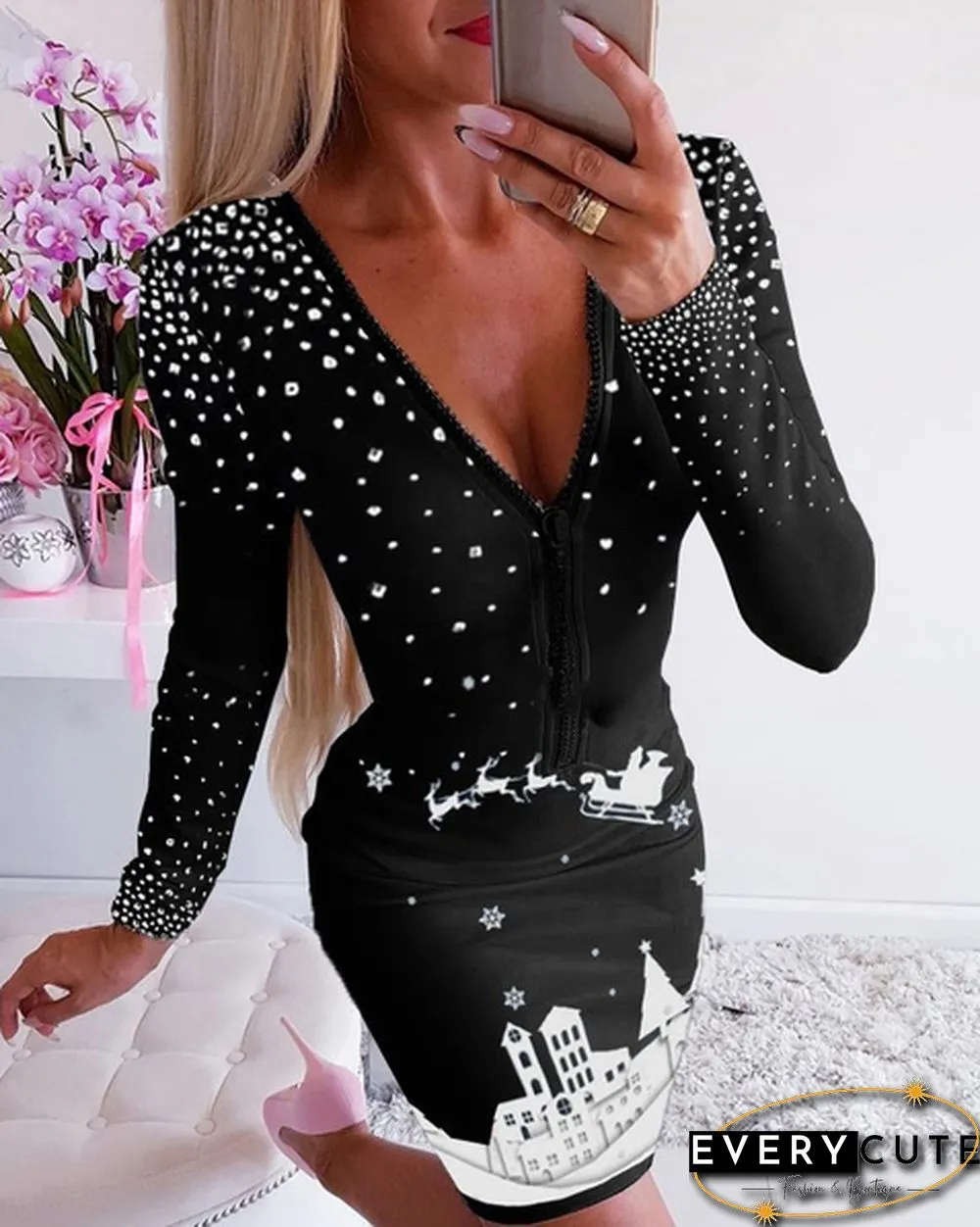 New Fashion Women V Neck Christmas Print Bodycon Dress Plus Size Slim Fit Sexy Long Sleeve Dress