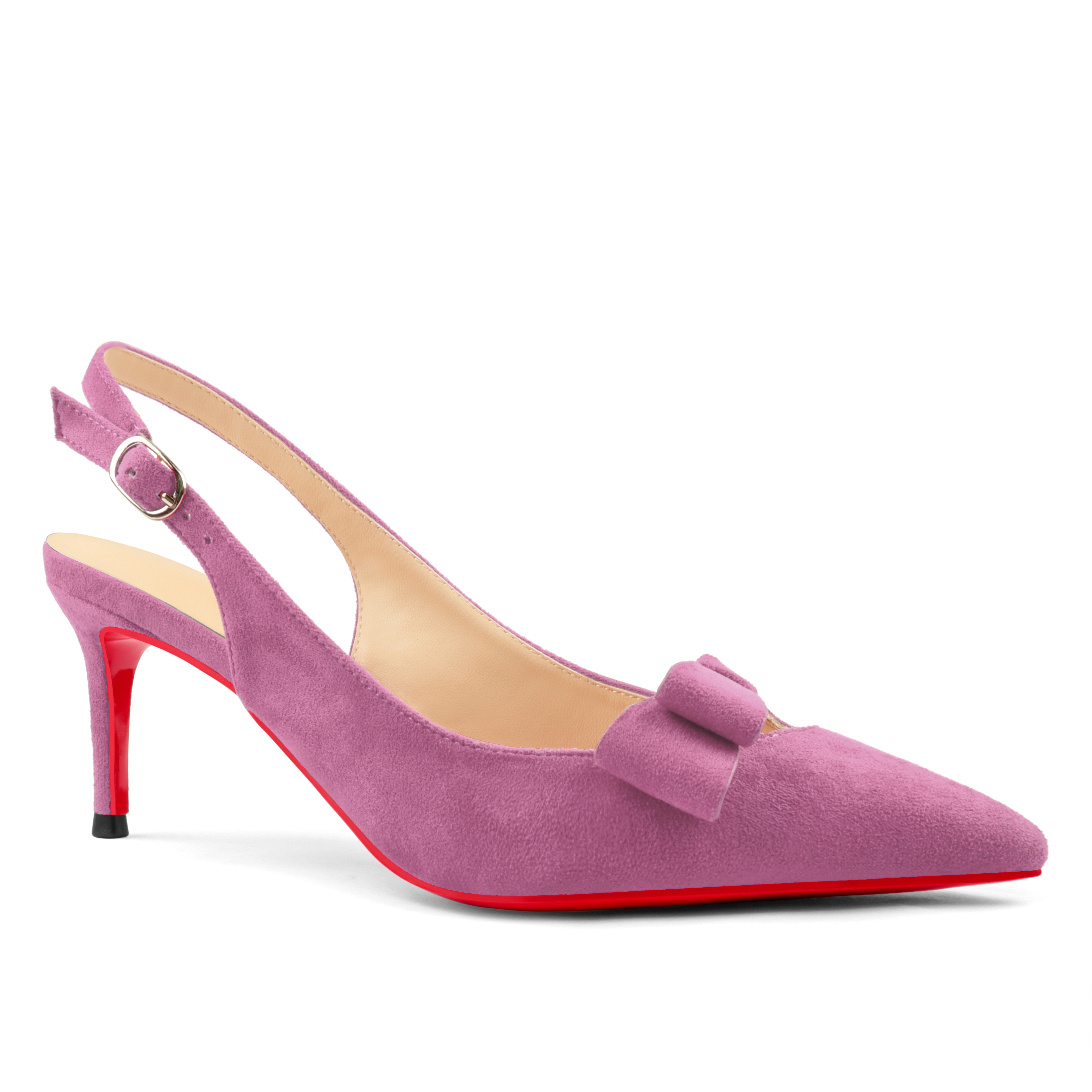 60mm Women's Pointed Toe Kitten Heels Bow-Knot Slingback Pumps Red Bottom Suede Sandals-MERUMOTE