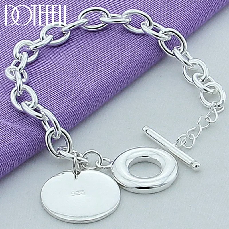 DOTEFFIL 925 Sterling Silver Round Tag Pendant Bracelet OT Buckle For Woman Jewelry