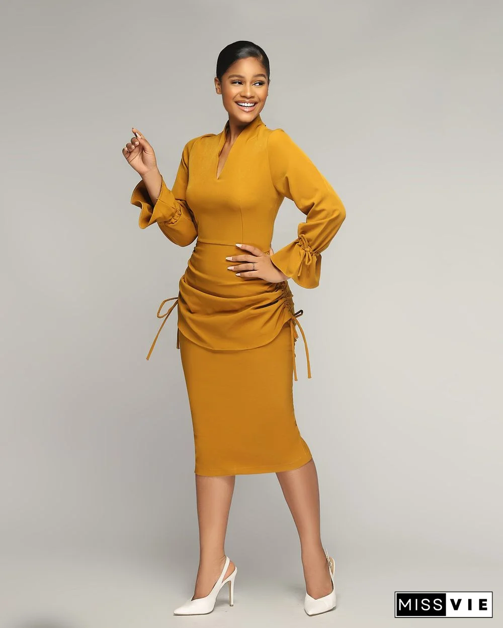 Flare Long Sleeve Drawstring Ruched Bodycon Dress