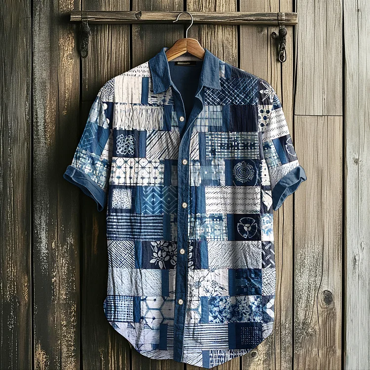 Men's Retro Geometry Patchwork Art Linen Casual Shirt
