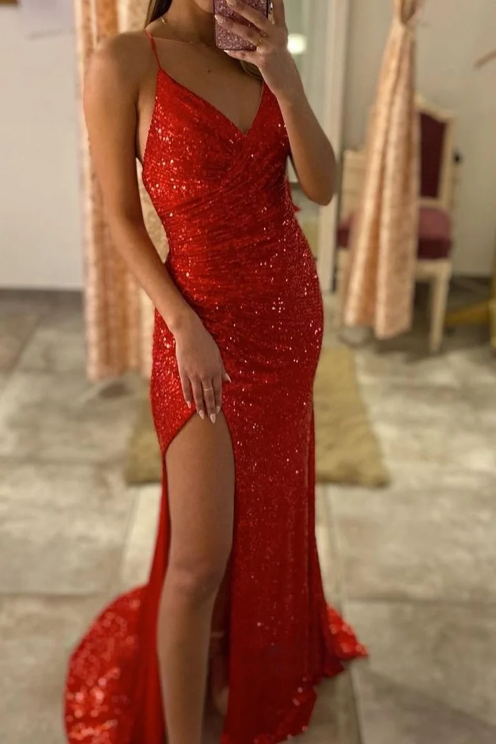 Gorgeous Red Spaghetti-Straps Sequins Mermaid Evening Dress V-Neck With Split - lulusllly
