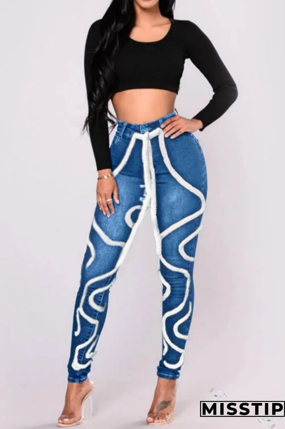 Light Blue Casual Solid Patchwork Mid Waist Regular Denim Jeans