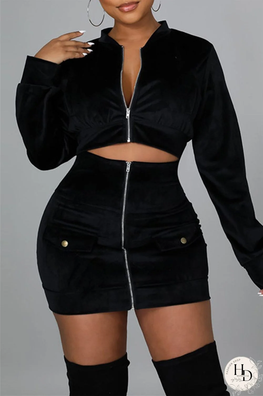 Black Fashion Sexy Solid Split Joint Zipper Collar Long Sleeve Two Pieces