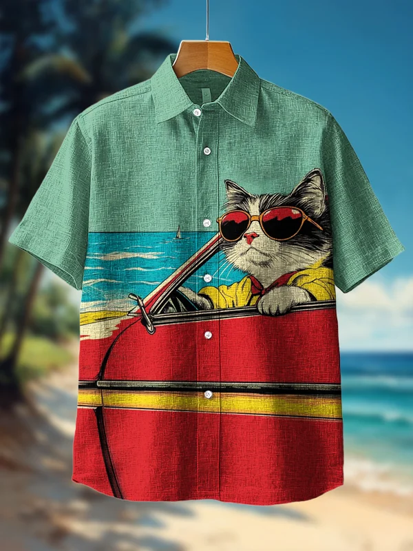 Men's Cat Driving Along The Beach On Holiday Print Casual Shirt