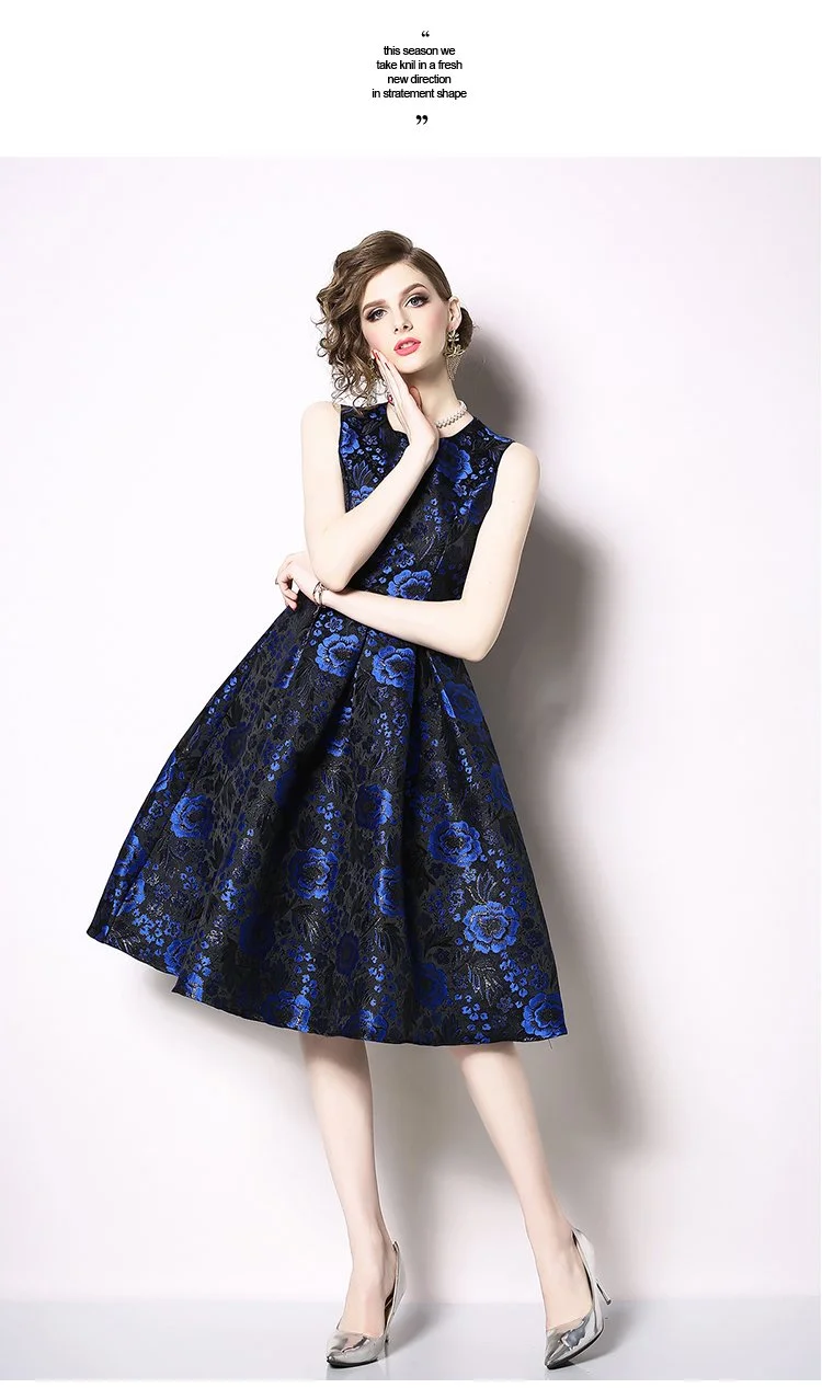 Temperament color big swing sleeveless vest jacquard dress