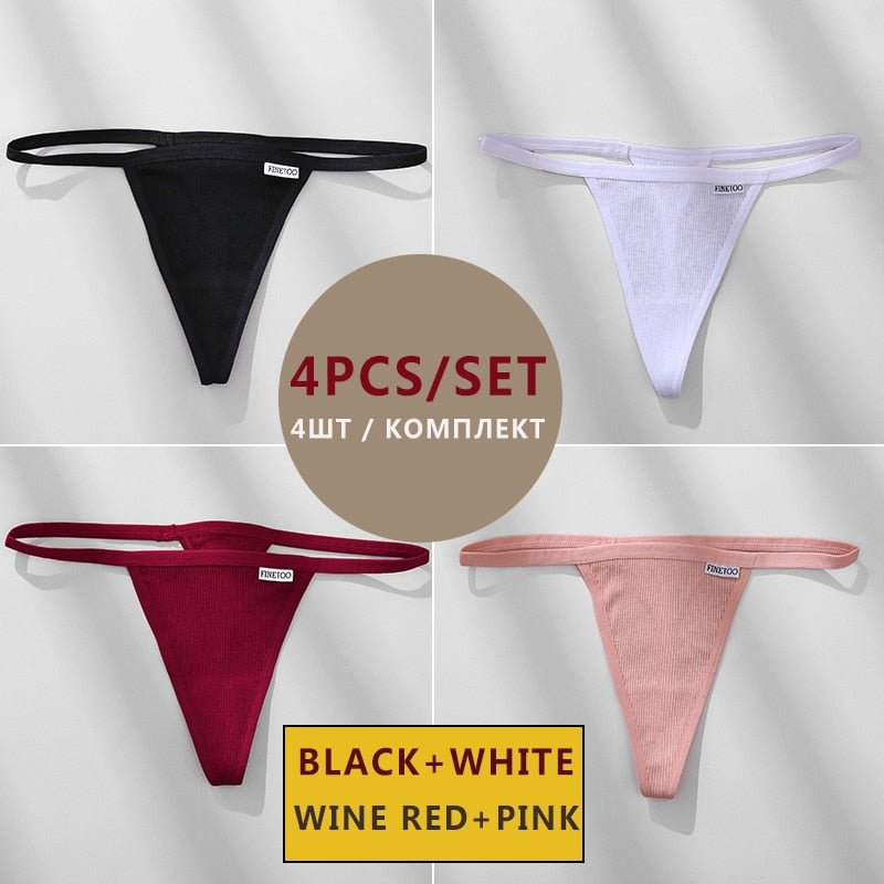 FINETOO 4PCS/Set Cotton Women Panties Woman Thong G-string Underwear Pantys Sexy Low Waist Underpant For Ladies Lingerie Female