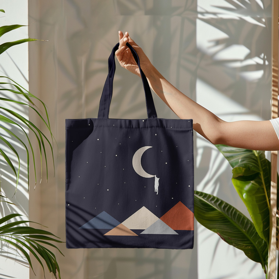 Comstylish Abstract Creative Cute Cat On The Moon Painting Art Canvas Bag