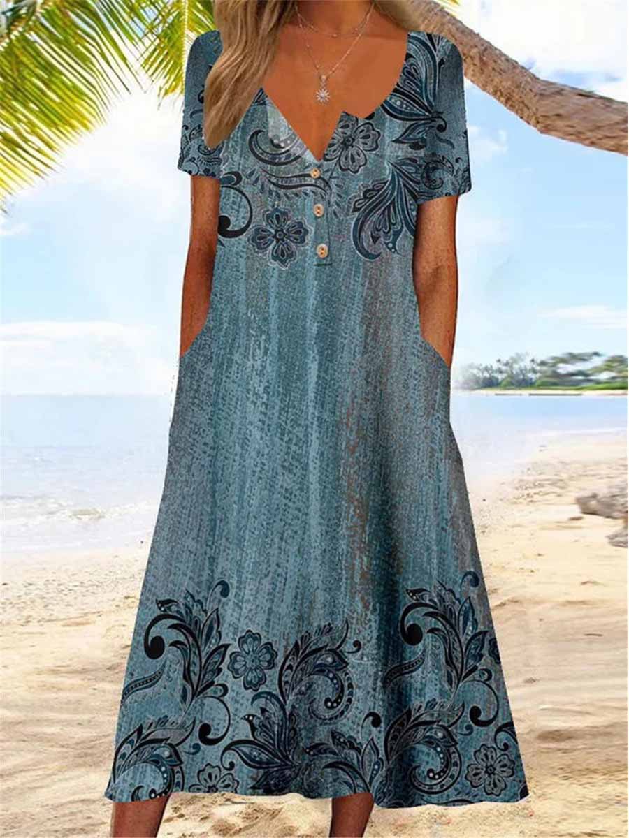 Mature Women Summer Casual Cotton 3D Printed Short Sleeve Round Neck Dress