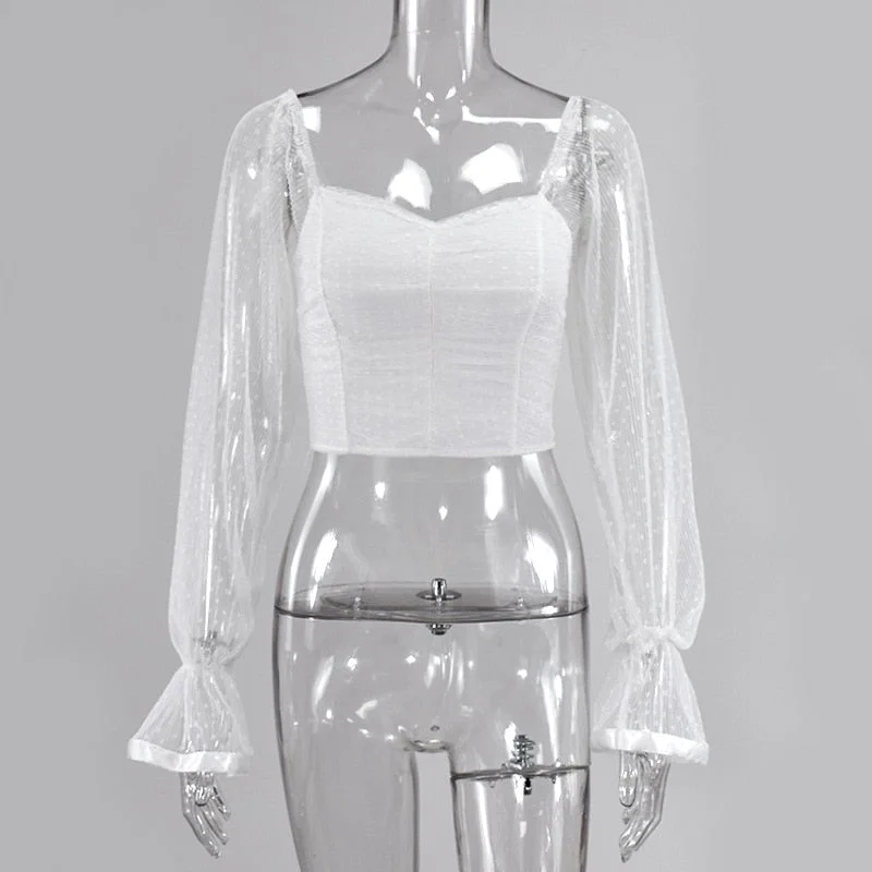 Cryptographic Square Collar Ruched Sexy Blouse Shirts Female See Through Mesh Polka Dot Fashion Long Sleeve Crop Tops Shirt