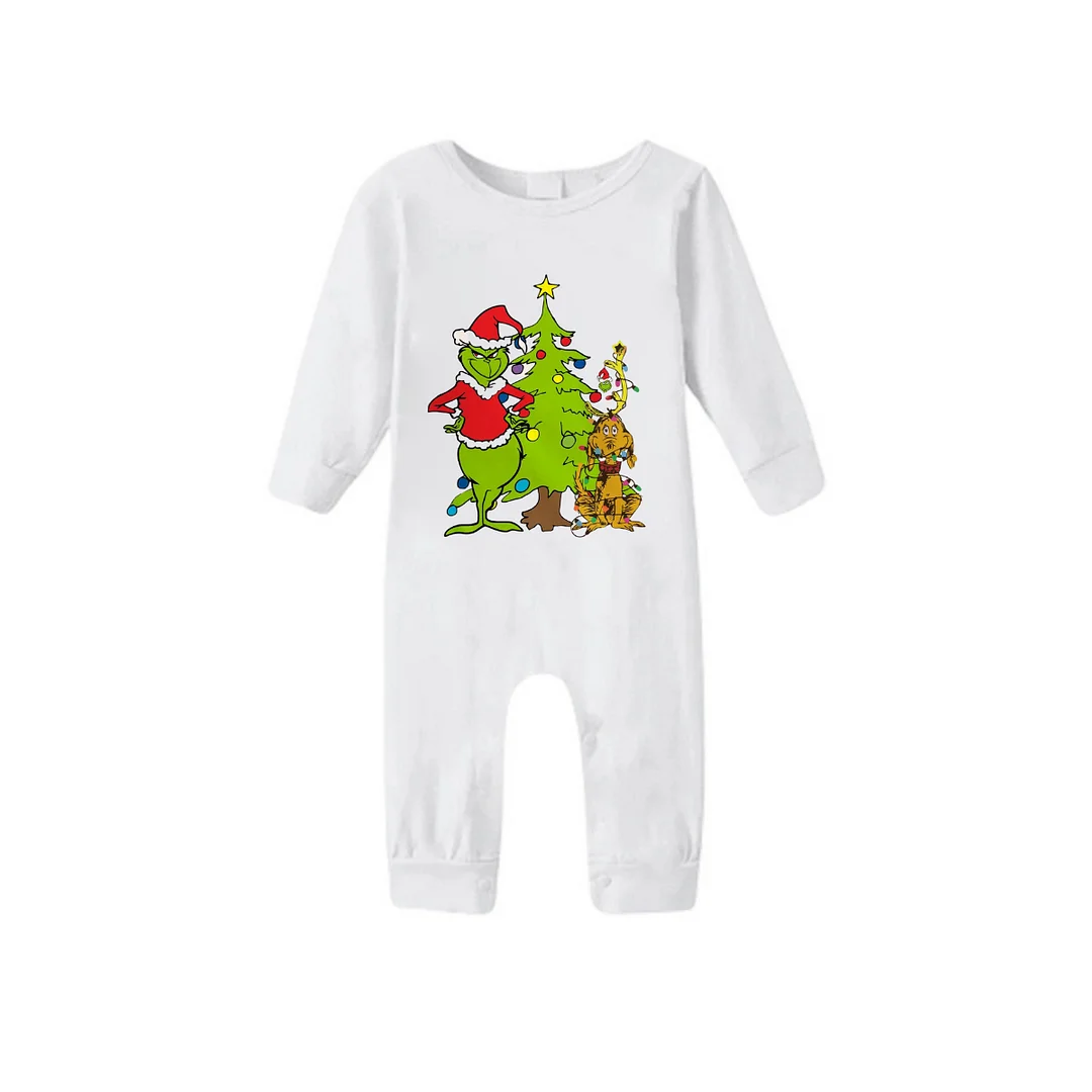 Christmas Cartoon Pattern and Tree Printed Red & Green Plaid Family Matching Pajamas