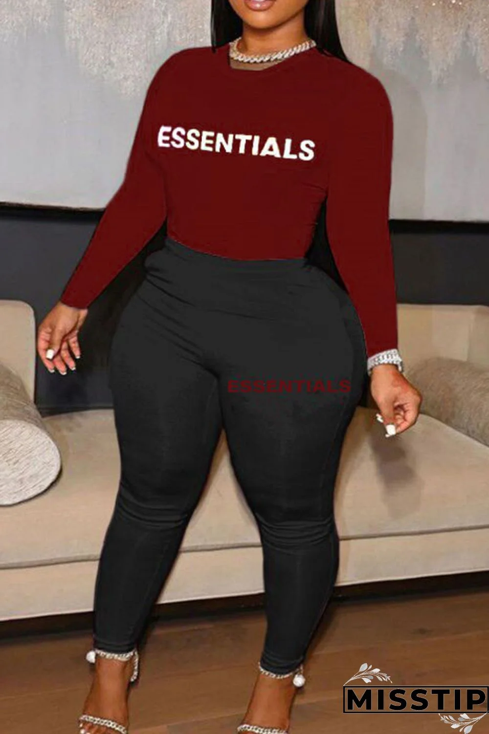 Burgundy Casual Street Print Patchwork O Neck Long Sleeve Two Pieces