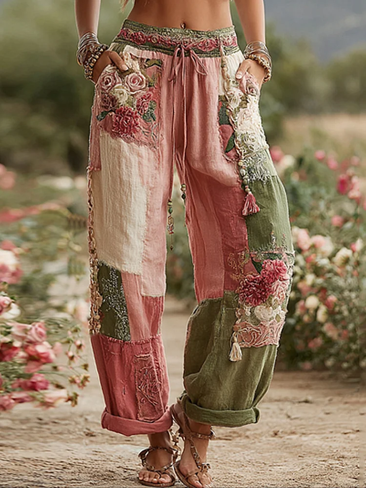 Damen Vintage Rose und Floral Patchwork Kunst Leinen hosen