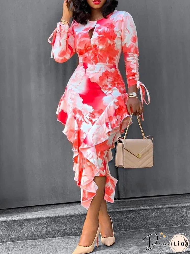 Tie-Dye Printed Long Sleeve Ruffle Fitted Dress