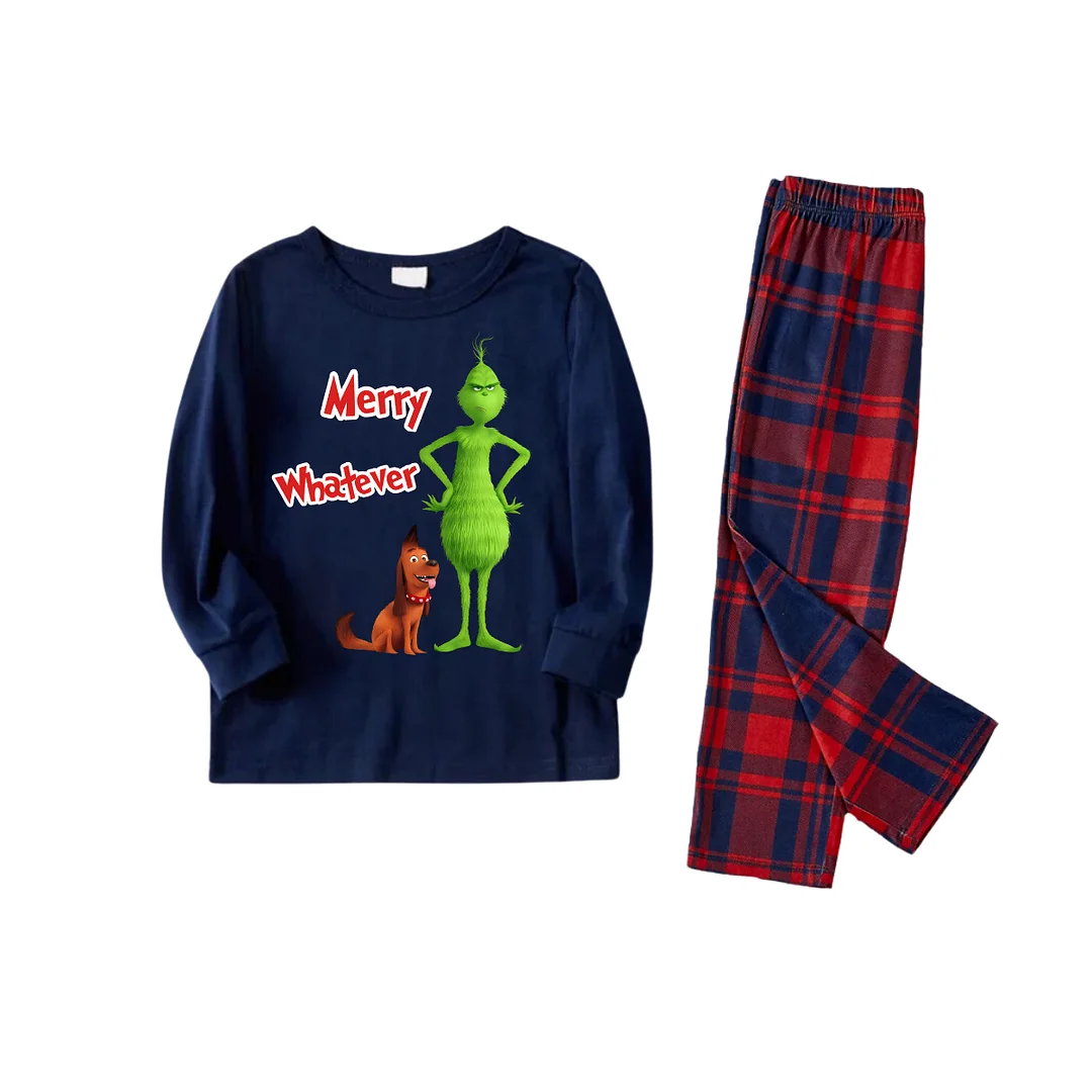 Merry Whatever Red Text With Green Cartoon Characters and Dog Pattern Blue Top Red&Blue Plaid Pants Family Matching Pajamas