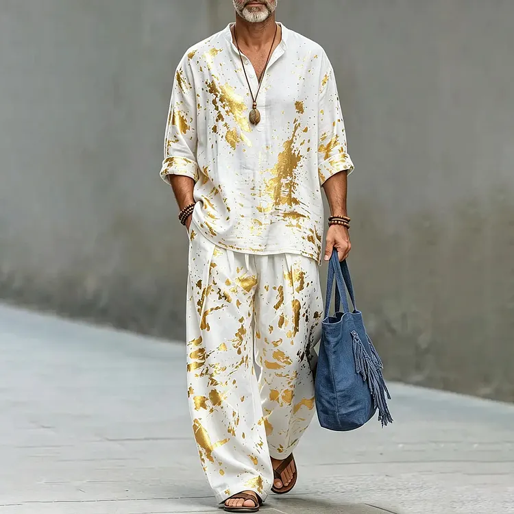 Men's Abstract Art Print Shirt And Pants Two Piece Set