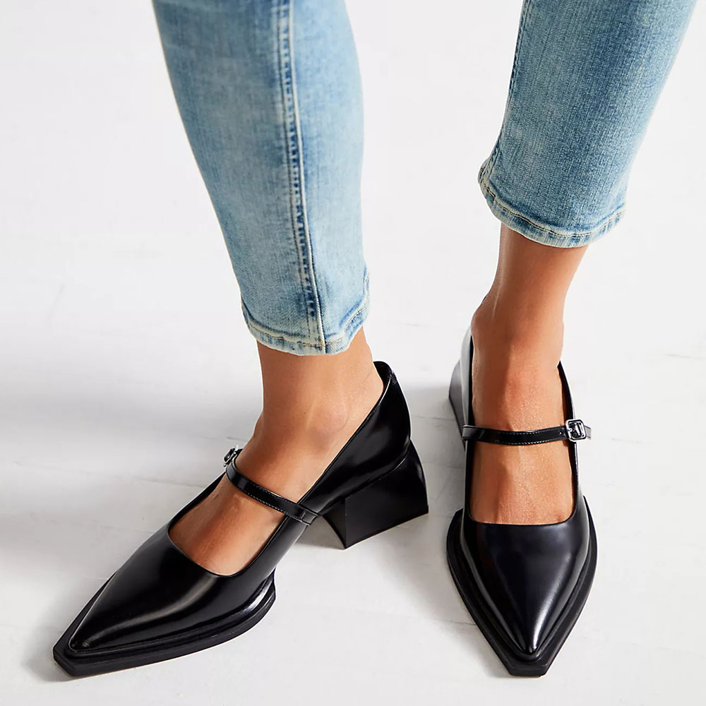 Women's Black Pointed Toe Mary Jane Shoes Heels with Buckle Nicepairs