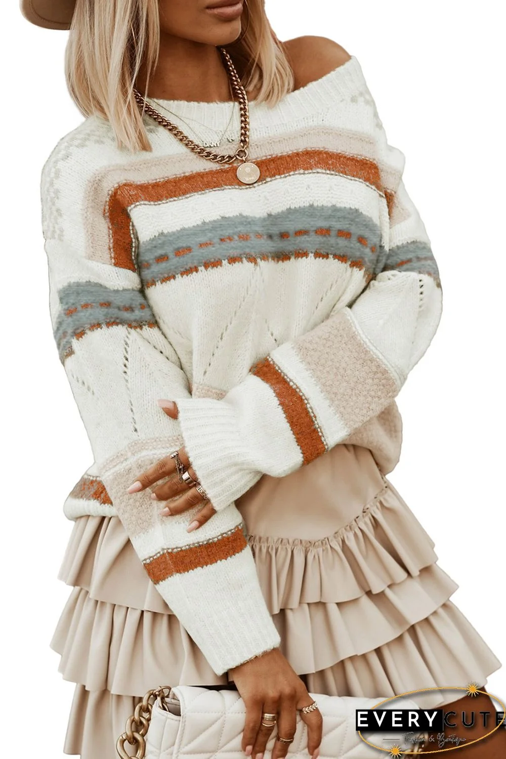 White Striped Colorblock Knit Sweater