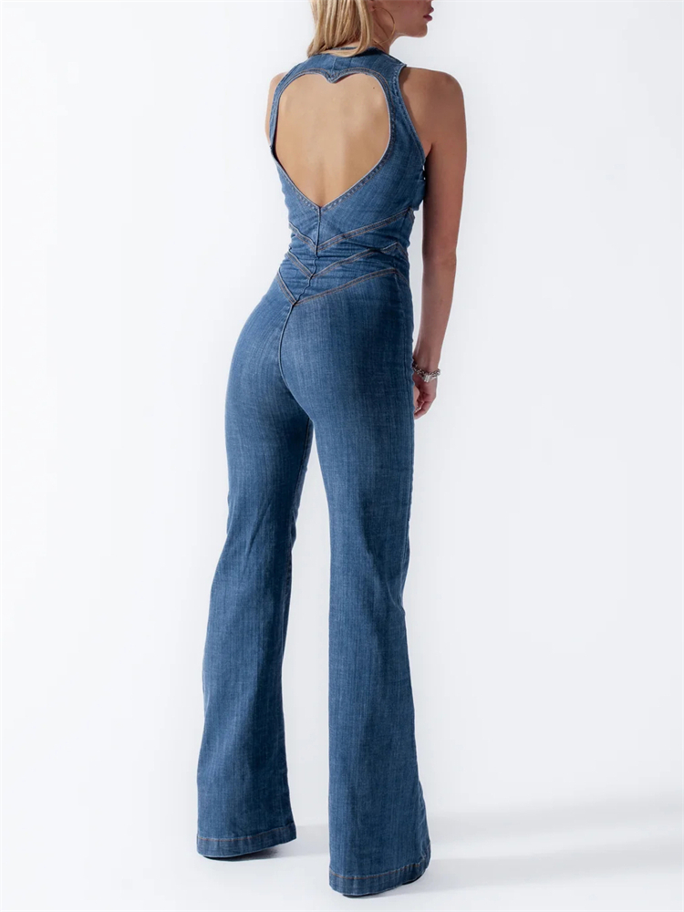 Ootddress Denim Backless Sleeveless Jumpsuits Female Hollow Out Slim Fashion Heart Cutout Y2k Bodycon Jeans High Street Jumpsuits