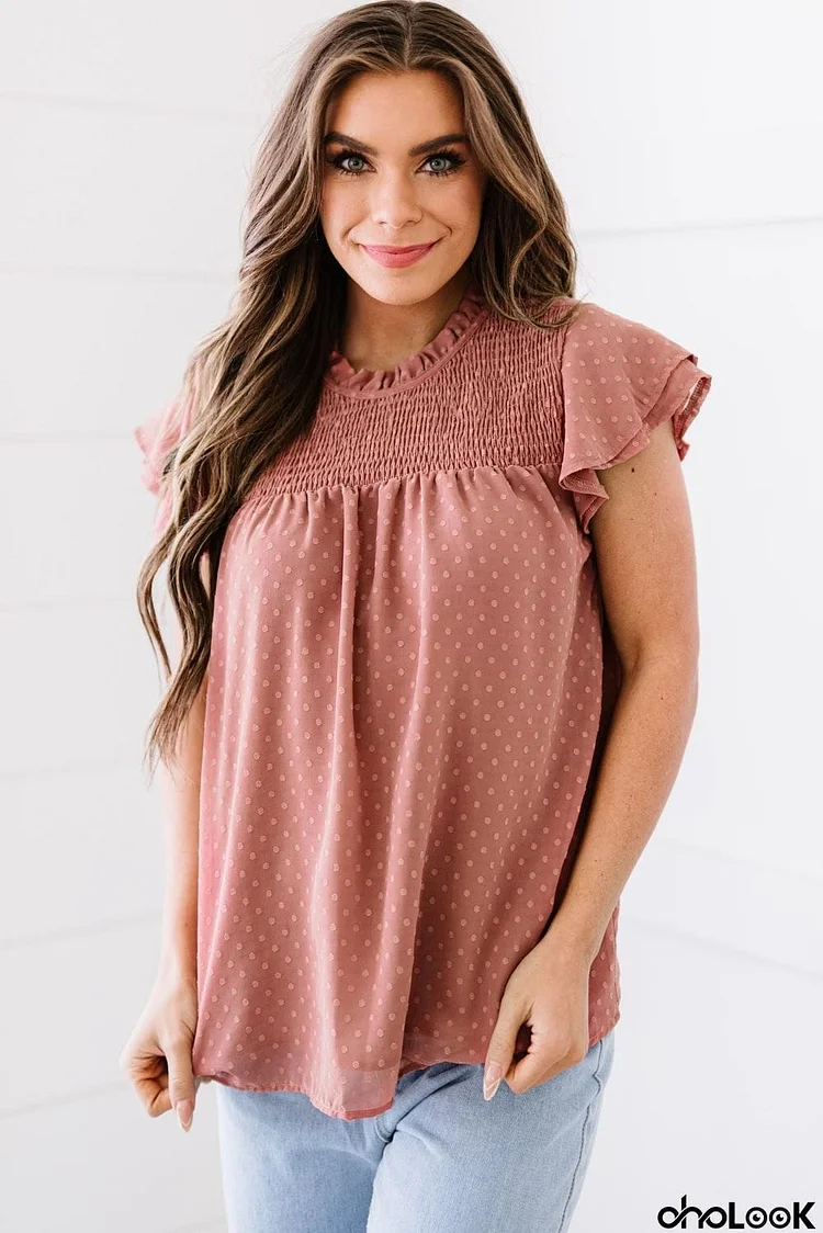 Polka Dot Smocked Flutter Sleeve Blouse