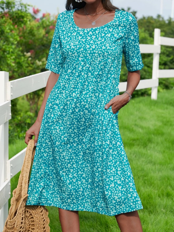 New round Neck Short Sleeve Floral Midi Tunic Dress