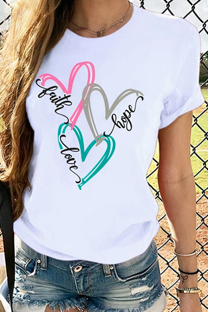 Letter & Heart Print Round Neck T-Shirt