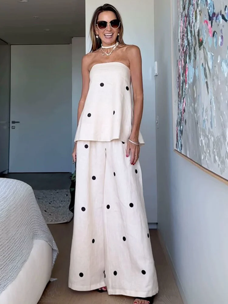 Women Chic Dot Print Wrapped Chest Strapless Tops Set Fashion Back Slit Zipper Top Wide Leg Pants Suit Two pieces Sets