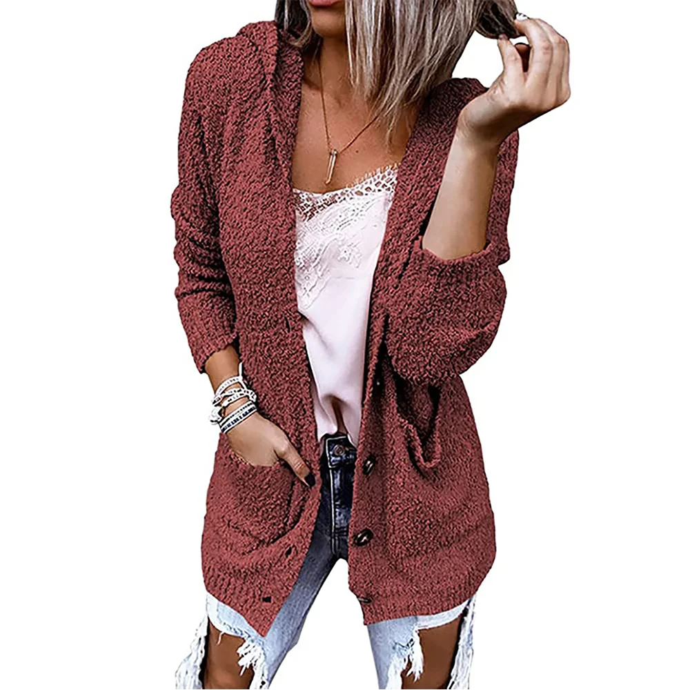 Reddish Brown Button Hooded Fleece Cardigan with Pocket