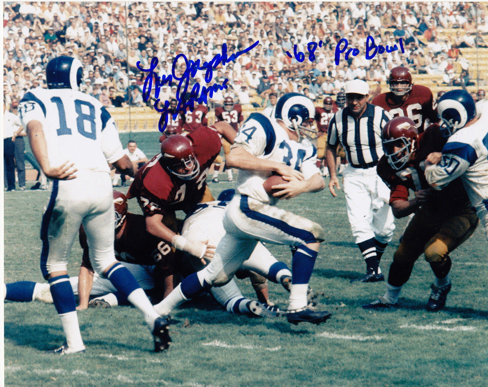 LES JOSEPHSON LOS ANGELES RAMS 68 PRO BOWL ACTION SIGNED 8x10