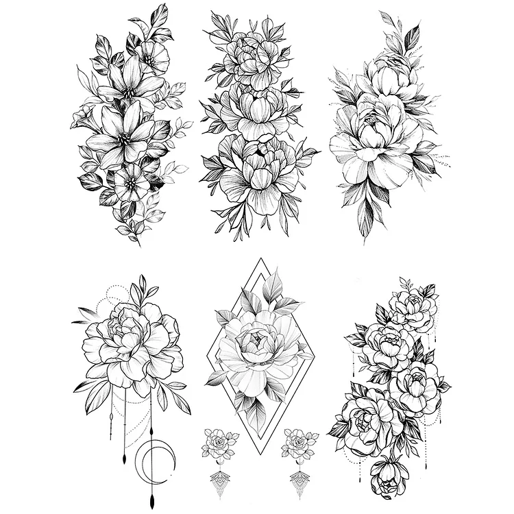 6 Sheets Black Sketch Penoy Rose Temporary Tattoo Sticker