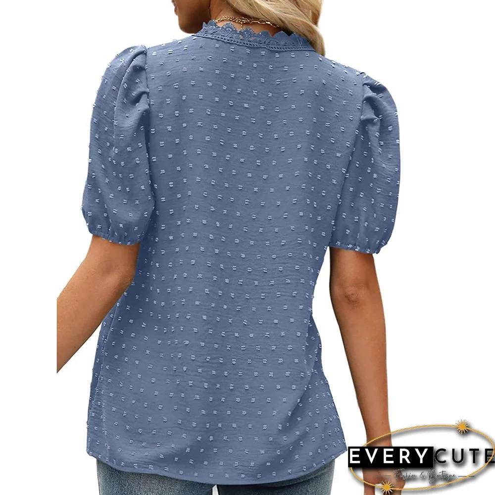 Light Blue Swiss Dot Puff Short Sleeve Lace V Neck Top
