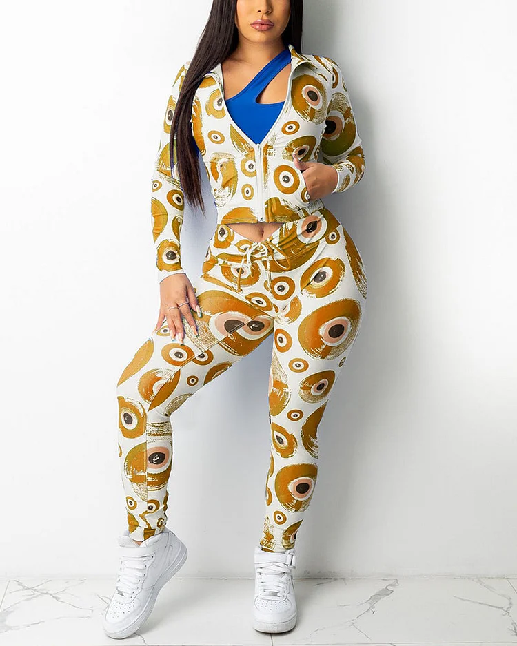 Allover Print Zip Front Drawstring Crop Jacket & Pants Set