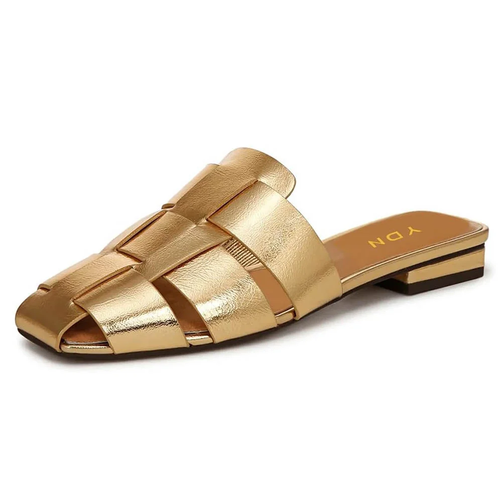 Gold Metallic Finish Square Toe Woven Flat Mule Shoes for Women
