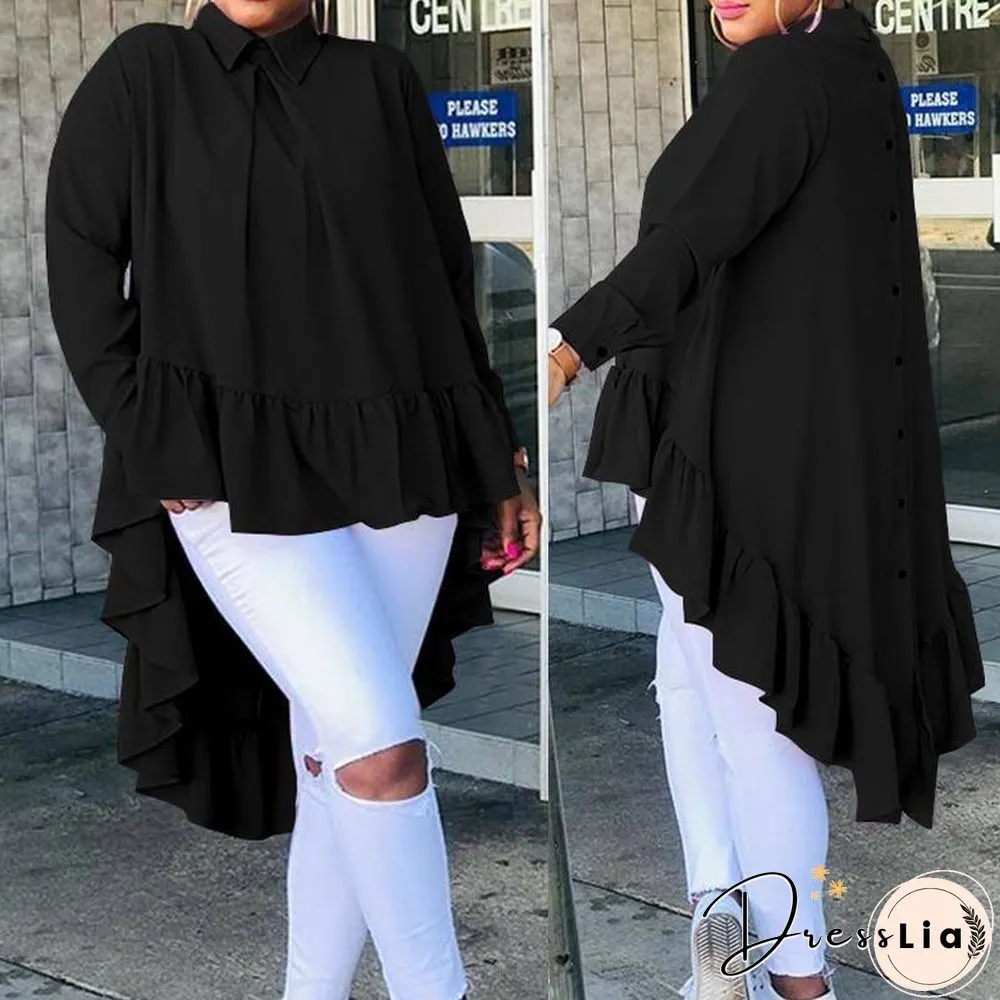 Womens Fashion Solid Back Buttons Ruffles Blouses Long Sleeve Lapel Casual Blouse Ladies