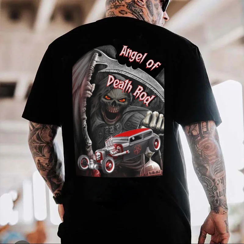ANGEL OF DEATH ROD Skeleton&Classic Car Print Men's T-shirt